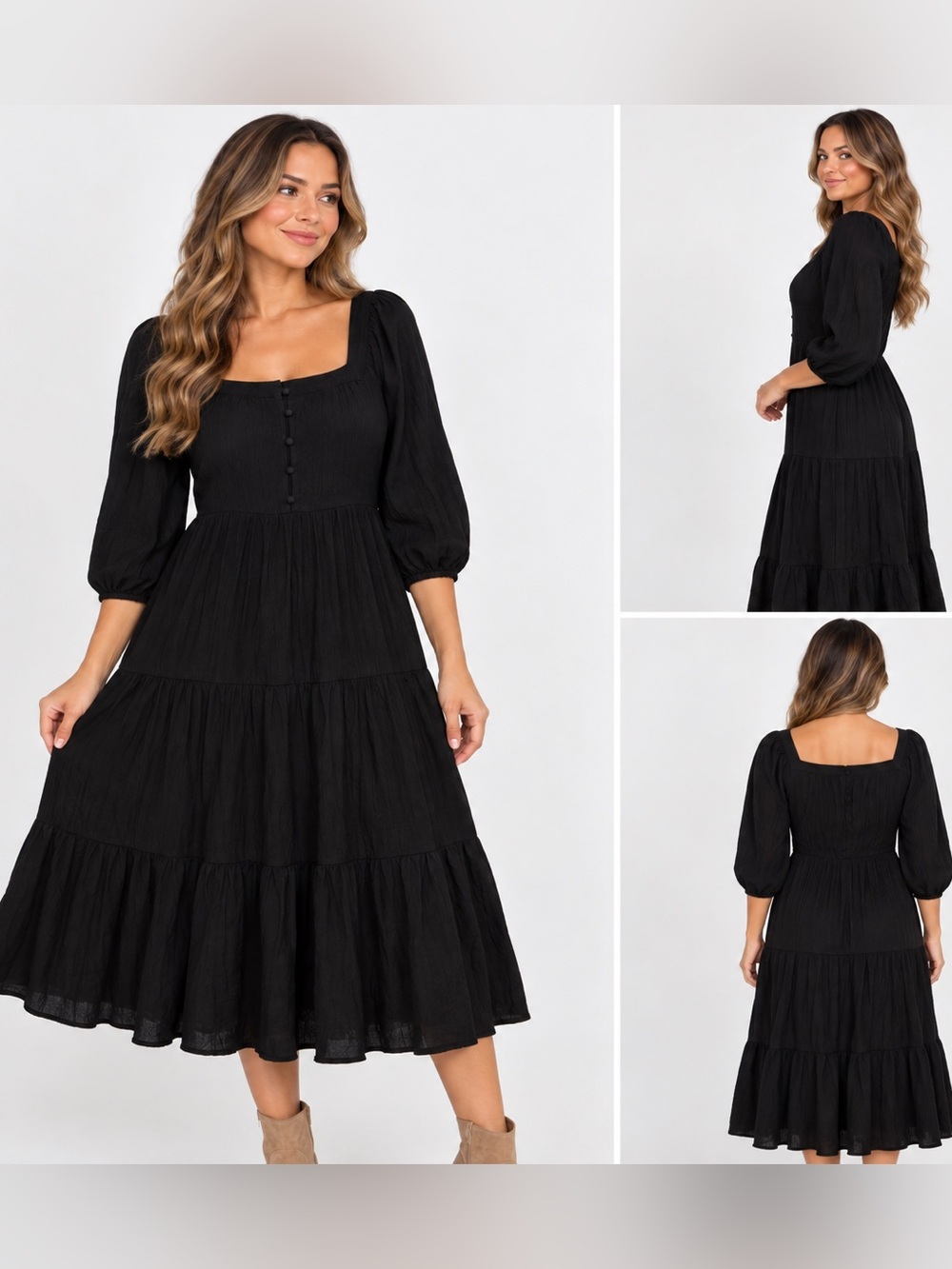 Old Navy Black Square Neck Tiered Maxi Dress XS Petite Long Sleeve